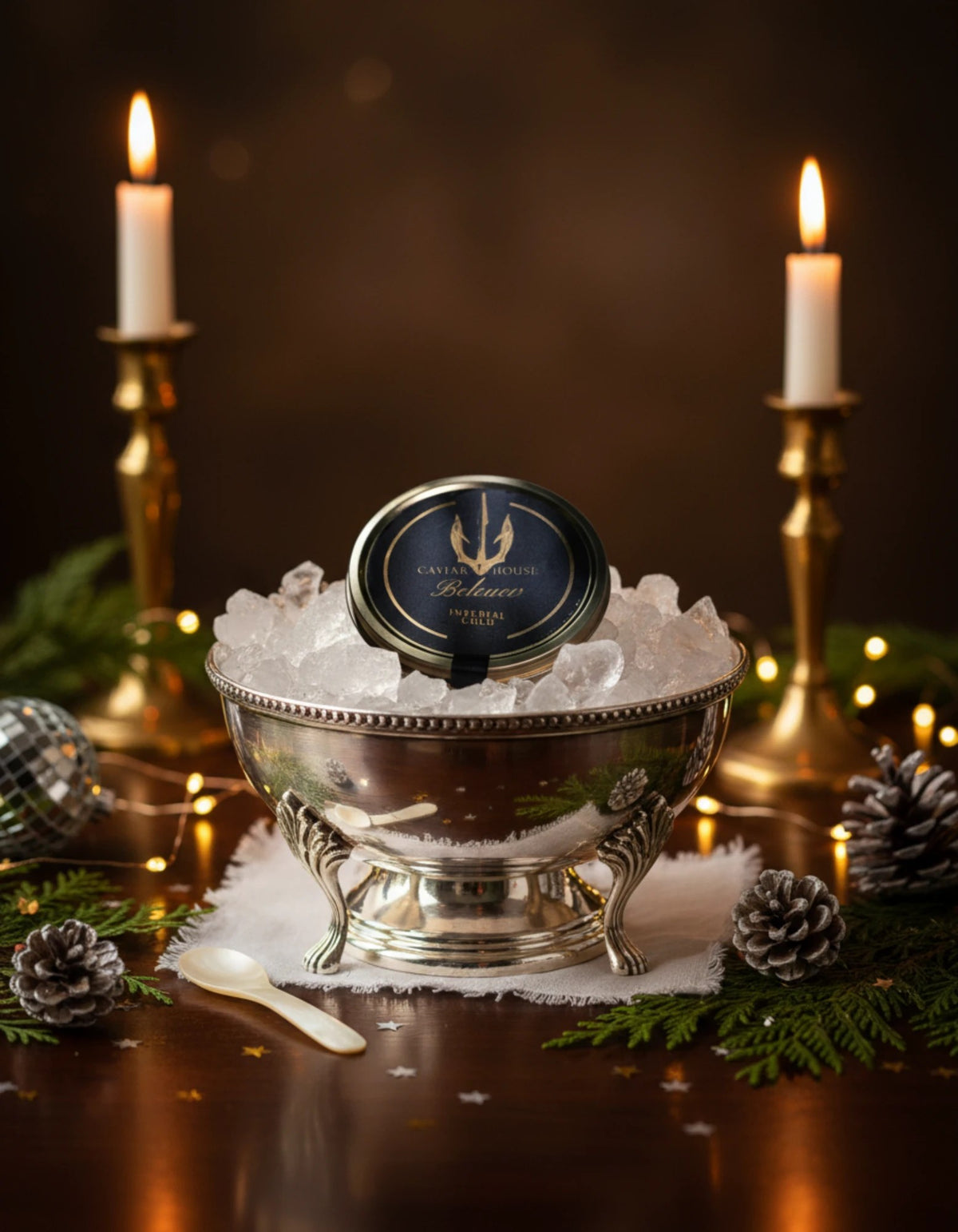 Beleaev Imperial Gold caviar tin on crushed ice in a silver bowl, candlelight
