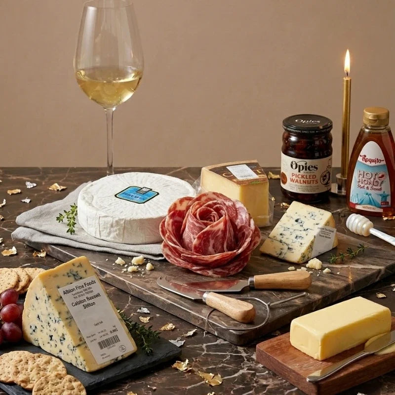 Gourmet cheese and charcuterie gift board with British cheeses, Italian meats, pickled walnuts, honey and toast