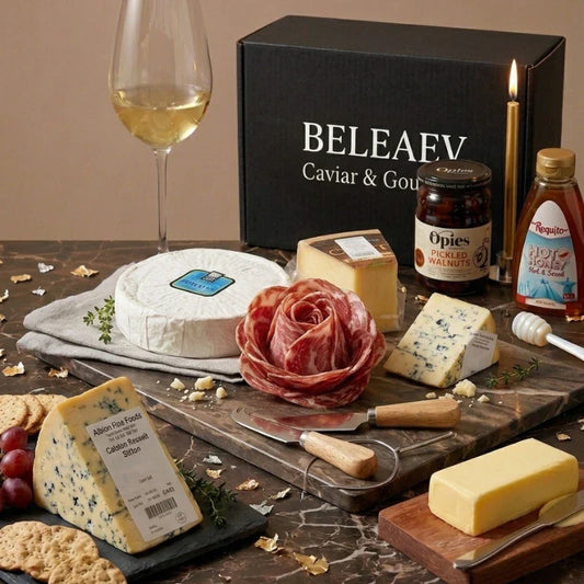Cheese and charcuterie gift board with Comté, Stilton, Perl Wen, Coppa, Bresaola, pickled walnuts, hot honey, and toast