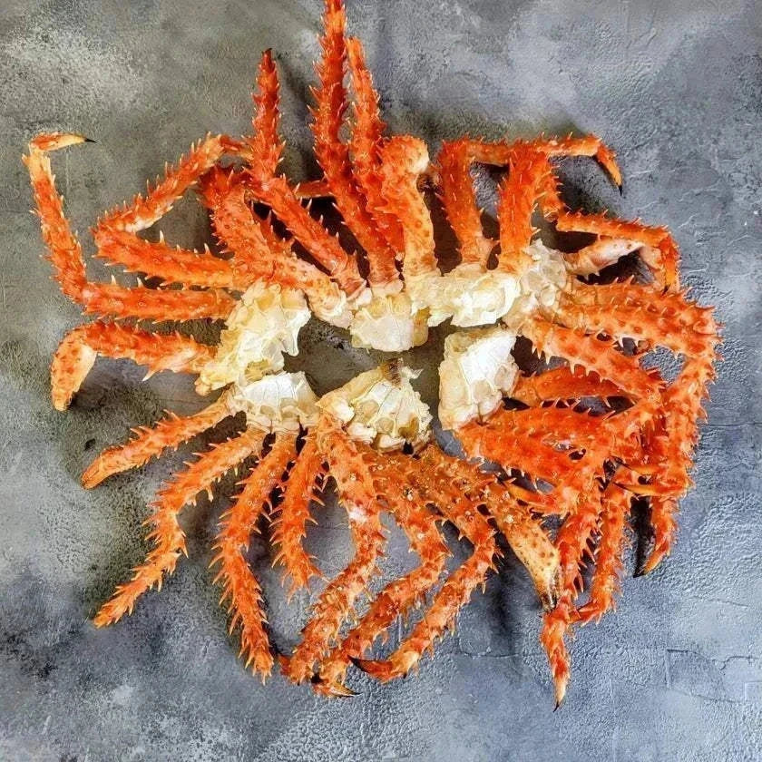 Chilean king crab clusters cooked frozen with bright red shells