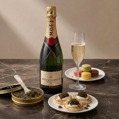 Luxury caviar and macaron gift box with Oscietra Royal caviar, French macarons, blinis, and mother-of-pearl spoon