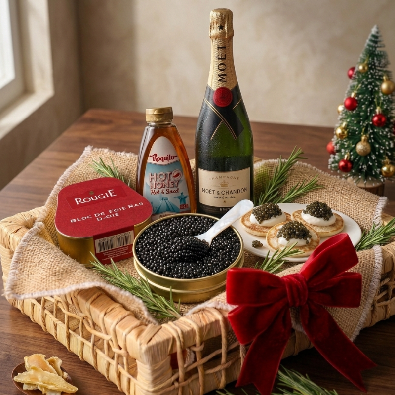Luxury Christmas hamper with Oscietra Royal caviar, Rougié goose foie gras with truffles, hot honey, and blinis in a wicker basket