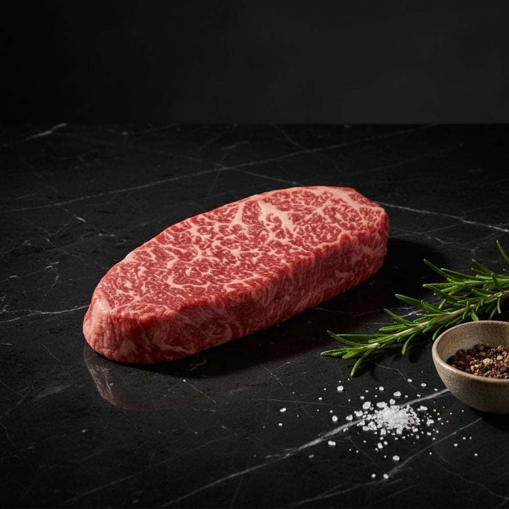 Denver Steak with rich marbling, raw Wagyu British beef steak on black marble surface with rosemary, salt, and pepper