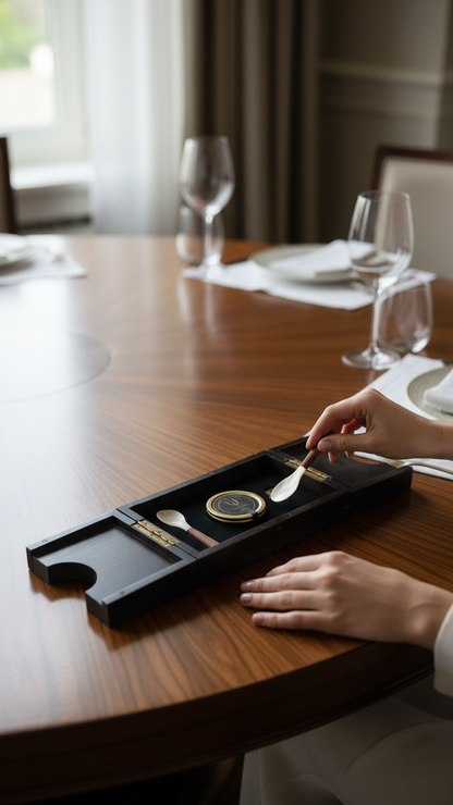 Elegant wooden caviar gift box with mother-of-pearl spoon and cooling element