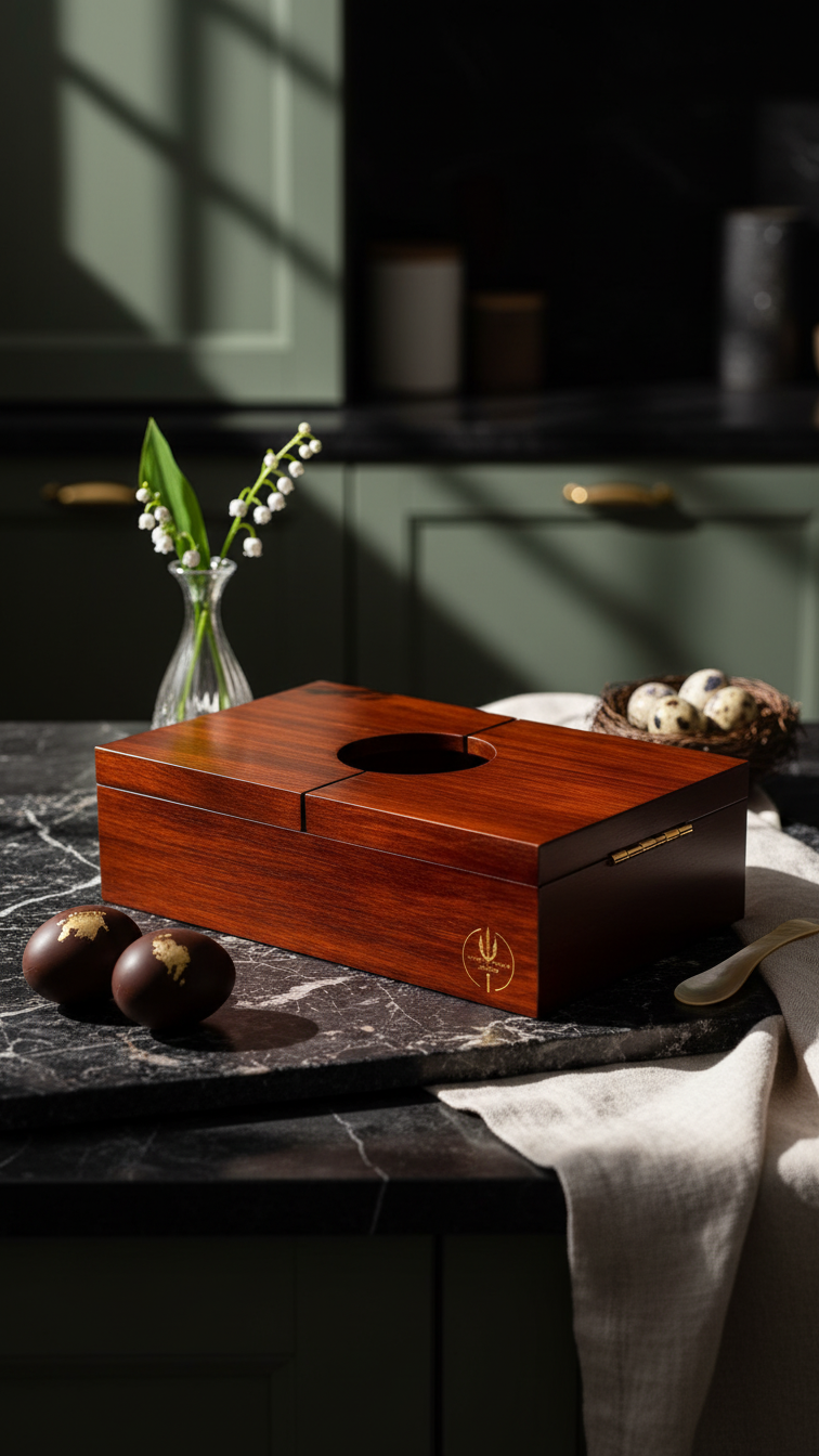 Elegant wooden caviar gift box with mother-of-pearl spoon and cooling element
