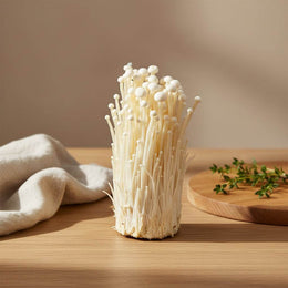 Fresh enoki mushrooms bunch with slender stems
