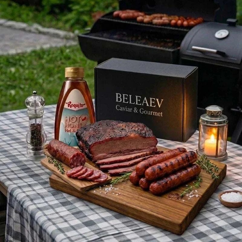 Family BBQ feast hamper with slow-cooked short rib, grilled frankfurters, chorizo, and hot honey glaze