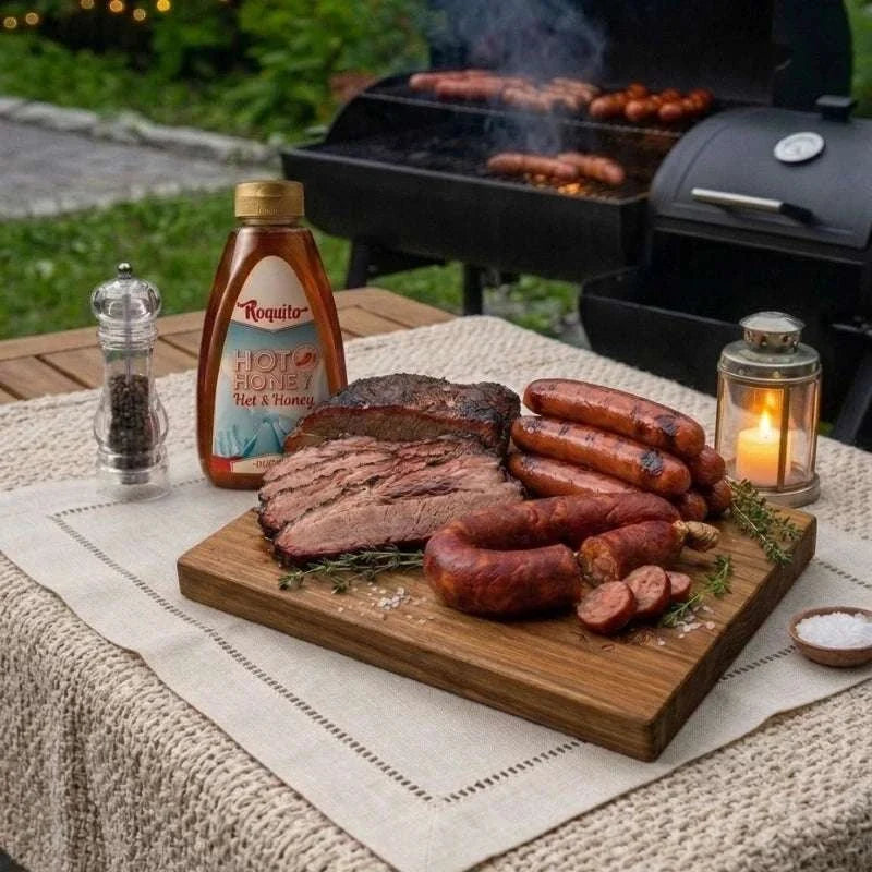 Family BBQ feast hamper with slow-cooked short rib, sausages, chorizo, and hot honey
