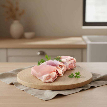 Vacuum-sealed pack of frozen boneless skinless chicken thighs 5kg for cooking and catering