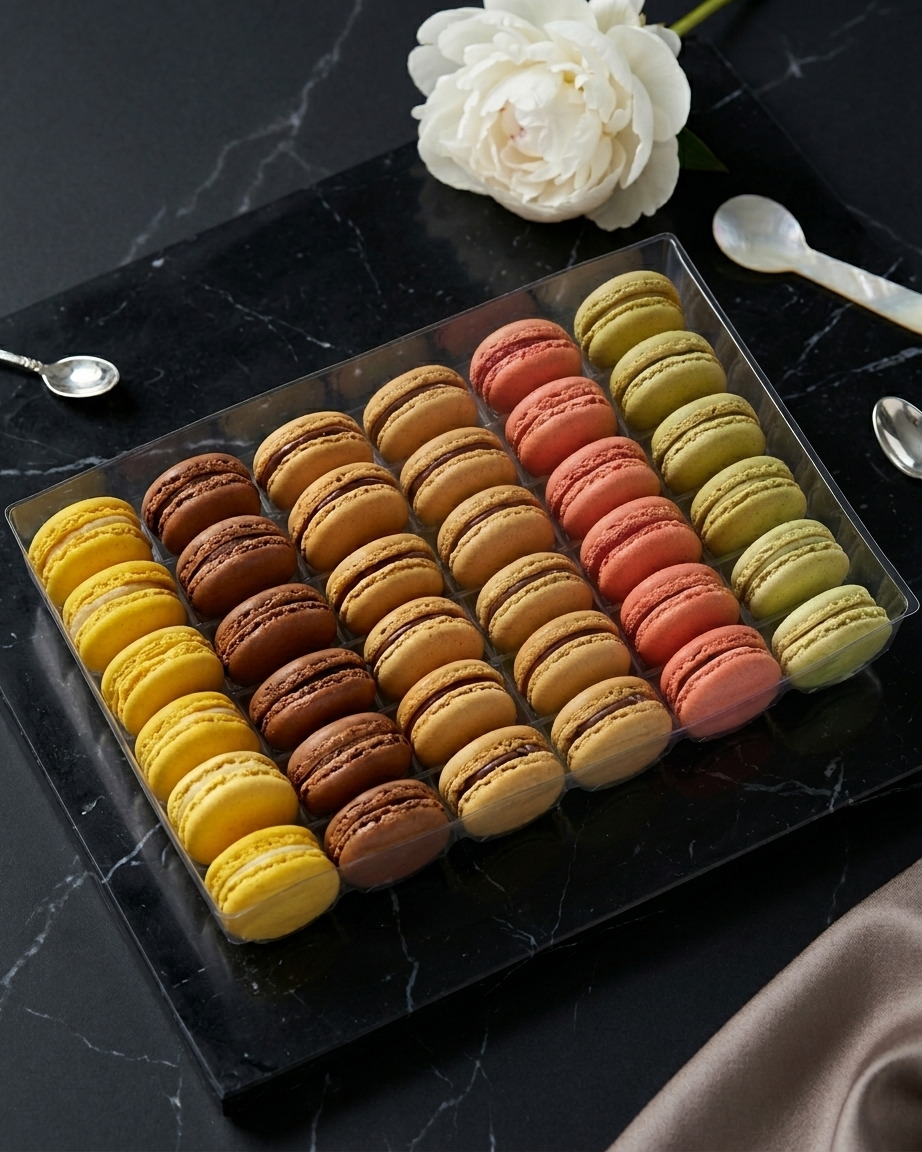 Assortment of six classic frozen French macarons in various flavors arranged as a patisserie centerpiece