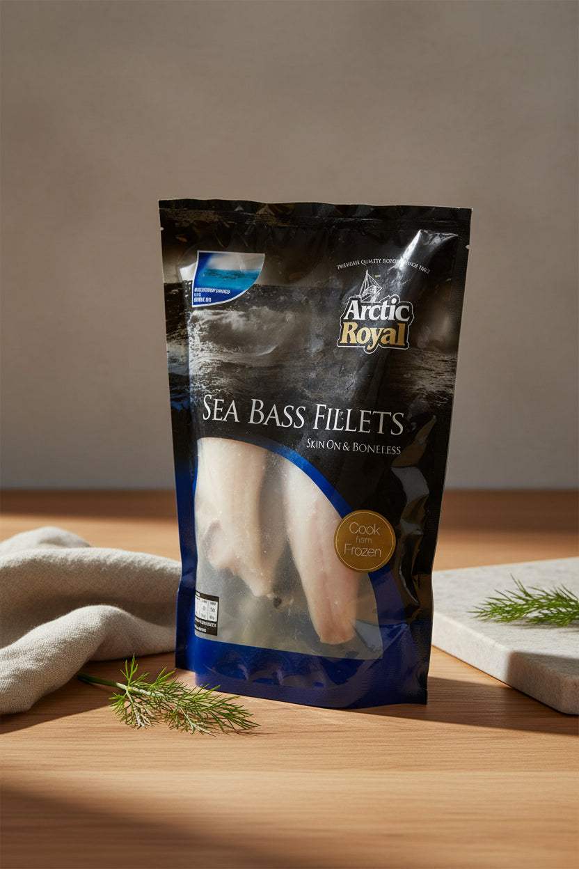 Frozen seabass fillets in packaging ready for cooking