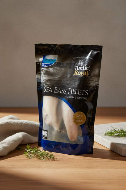 Frozen seabass fillets in packaging ready for cooking