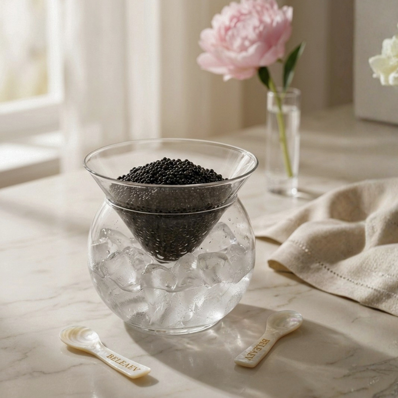 Glass caviar chiller set with hand-blown bowl and mother-of-pearl spoons
