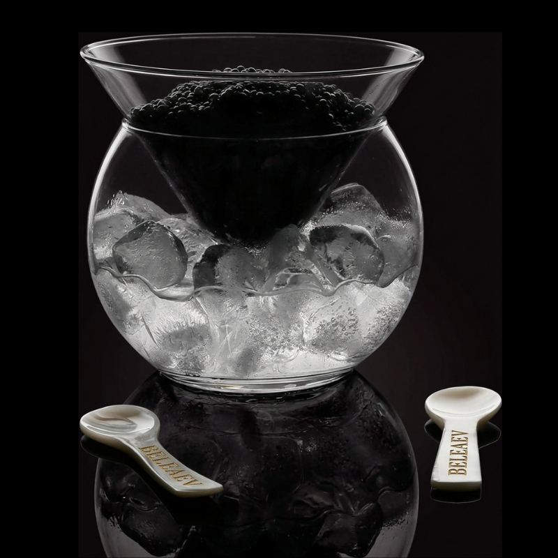 Hand-blown glass caviar chiller set with mother-of-pearl spoons