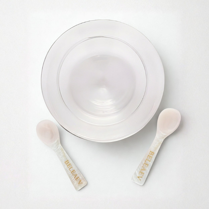 Glass caviar chiller set with hand-blown bowl and mother-of-pearl spoons