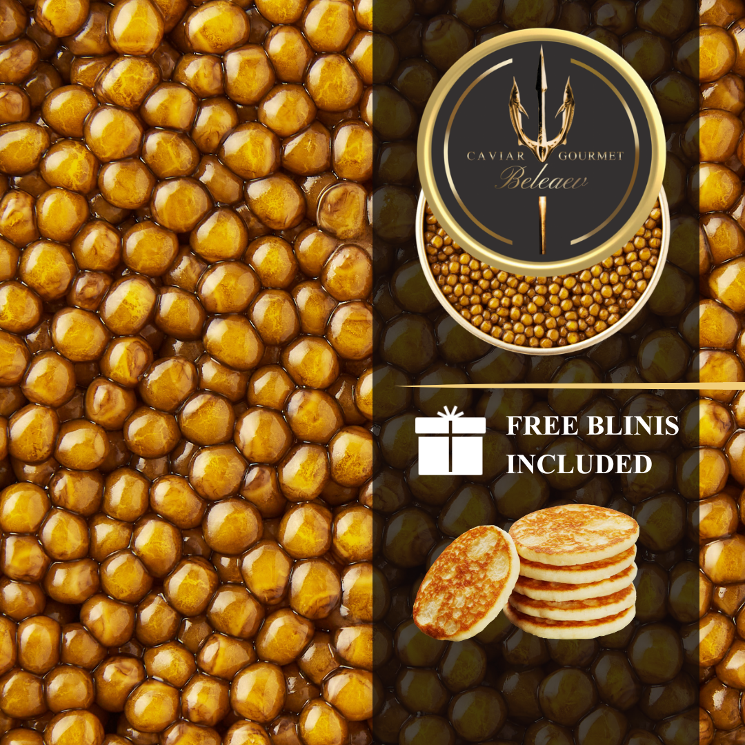 Golden Oscietra Caviar with blinis and lemon garnish in elegant serving dish