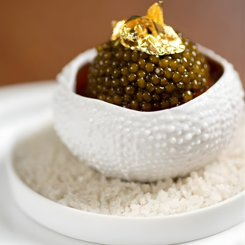 Golden Oscietra caviar with luminous golden pearls and buttery nutty flavor