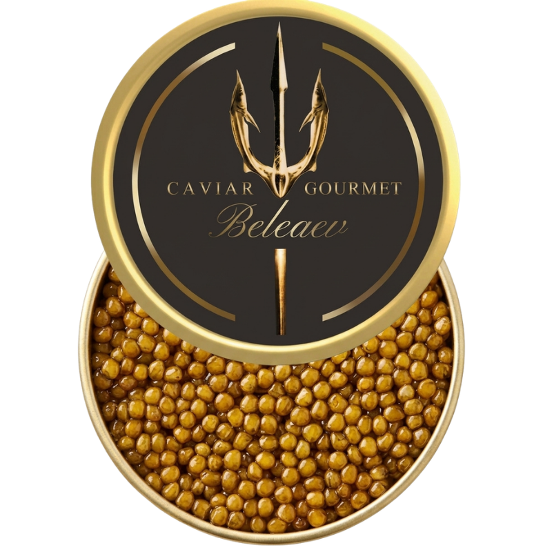 Golden Oscietra Special Reserve caviar eggs in light gold to amber color, 4mm size, rich buttery taste