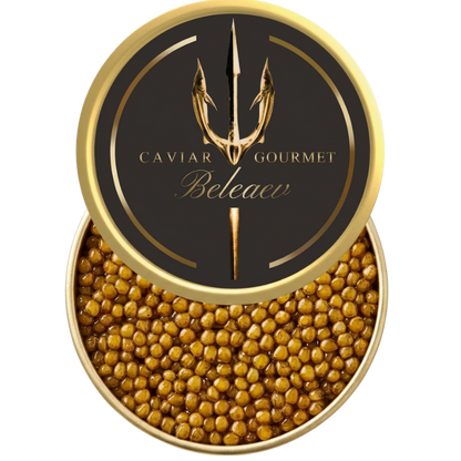Golden Oscietra Special Reserve caviar eggs in light gold to amber color, 4mm size, rich buttery taste