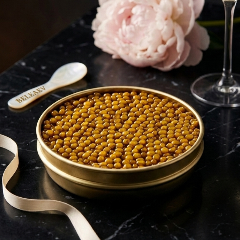 Golden Oscietra Special Reserve caviar with luminous golden pearls