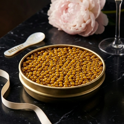 Golden Oscietra Special Reserve caviar with luminous golden pearls