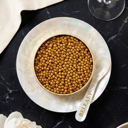 Golden Oscietra caviar pearls with buttery texture and nutty aroma