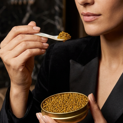 Golden Oscietra caviar with luminous golden pearls and buttery texture