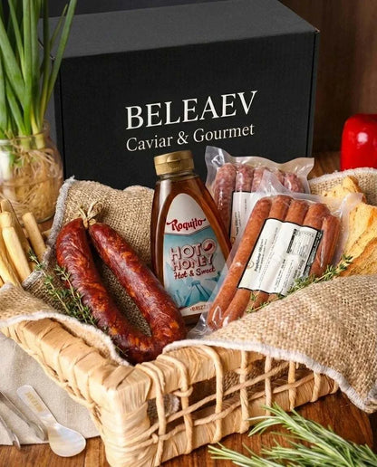 Gourmet BBQ Box with Texas hot links, pork frankfurters, spicy chorizo, and hot honey glaze for grilling