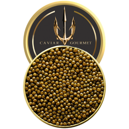 Tin of Imperial Gold Special Reserve caviar with dark golden roe and a hazel nutty flavour