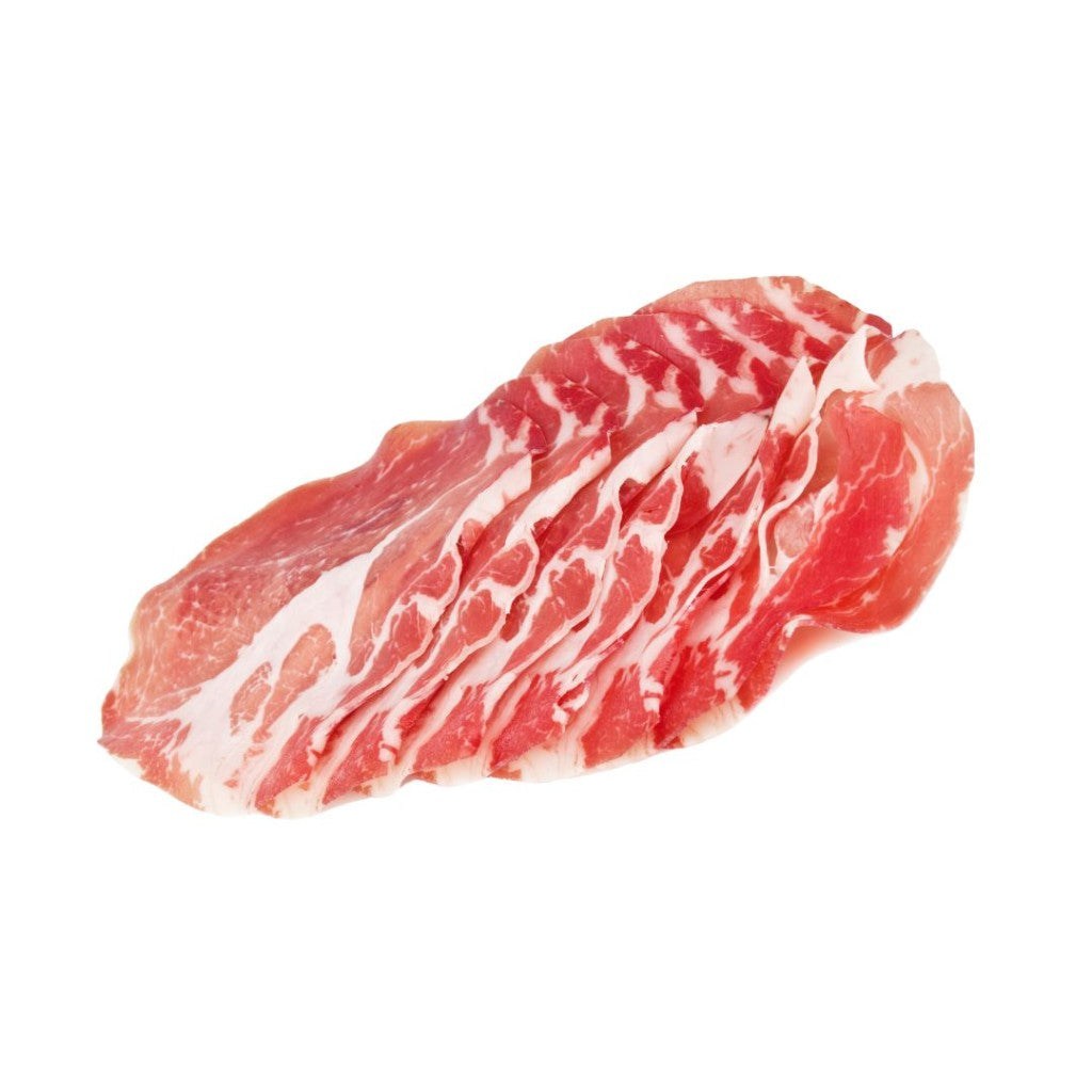 Sliced Italian matured Coppa meat on a white plate
