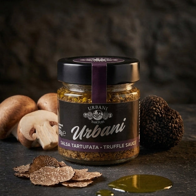 Jar of Tartufata Sauce 180gr with label on wooden surface