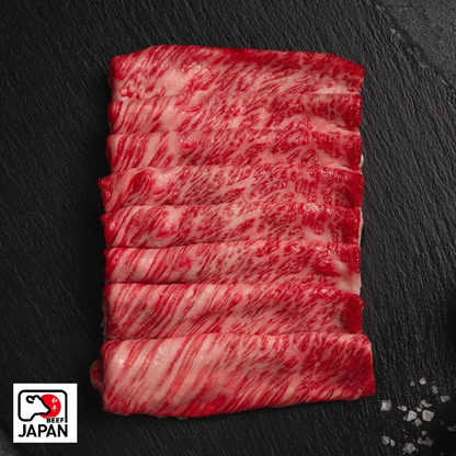 Thinly sliced Japanese A5 Wagyu chuck roll with fine marbling