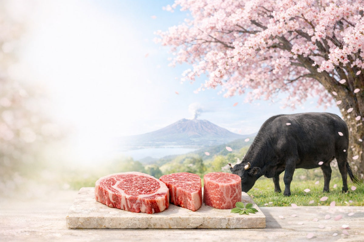 Japanese A5 Wagyu ribeye, sirloin and fillet with Wagyu cattle grazing near Sakurajima, Kagoshima