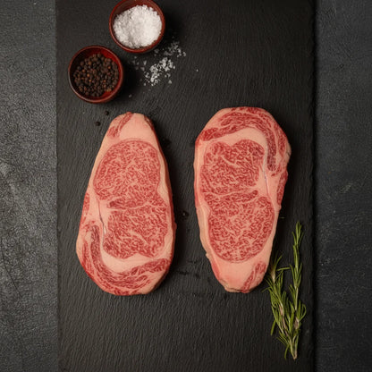 Japanese A5 Wagyu ribeye beef with fine marbling in 2x400g portions from Kagoshima