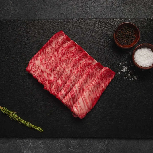Thinly sliced Japanese A5 Wagyu chuck roll with fine marbling