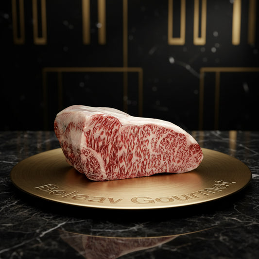 Marbled raw beef steak on a marble surface