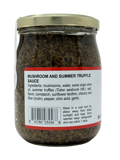 Jar of Mushroom & Truffle Sauce 500gr with truffle and mushrooms around