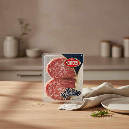 Vacuum-sealed 500g package of sliced Napoli Spicy Salami with traditional seasoning for sandwiches and antipasti