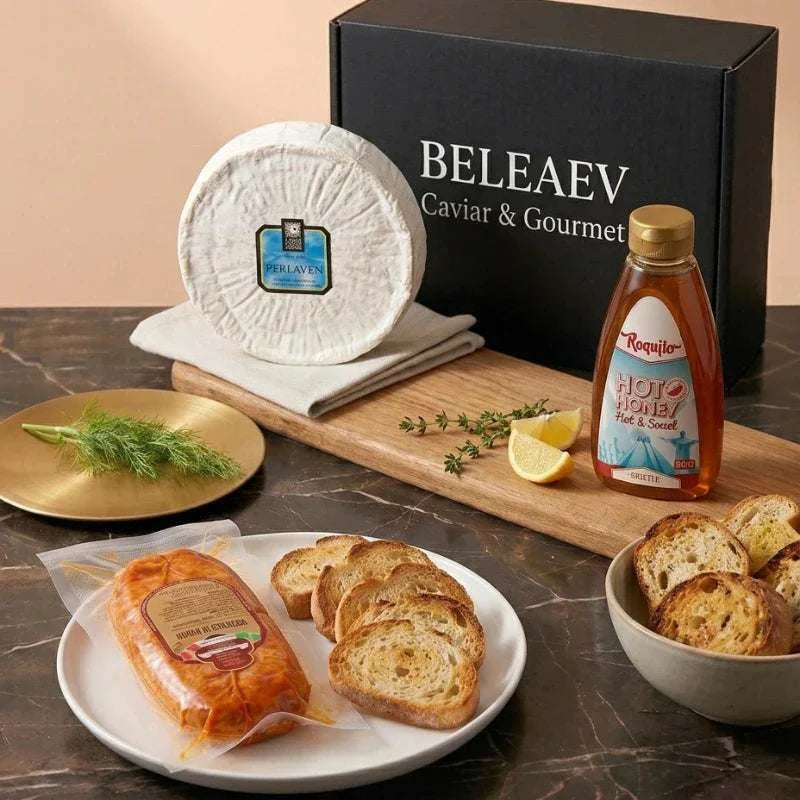 Nduja and cheese set with spreadable nduja, Perl Wen brie-style cheese, and hot honey in a wooden night hamper tray