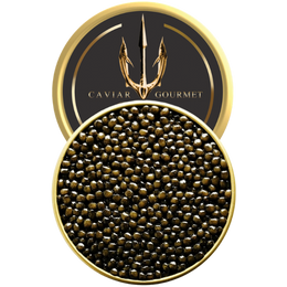 Tin of Oscietra Royal Caviar with grey-golden eggs and a briny sweet buttery taste