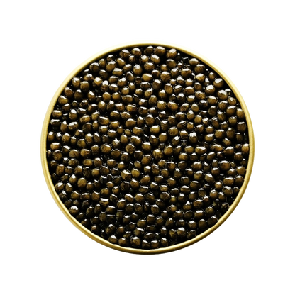 Oscietra Royal Caviar with glossy brown and golden pearls