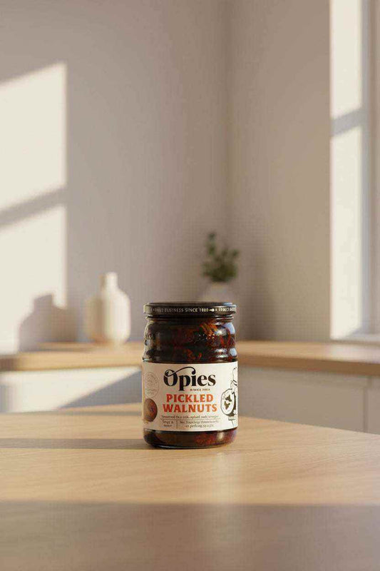 Pickled Walnuts in a glass jar with a beige label and black lid, containing dark, whole walnuts steeped in port wine