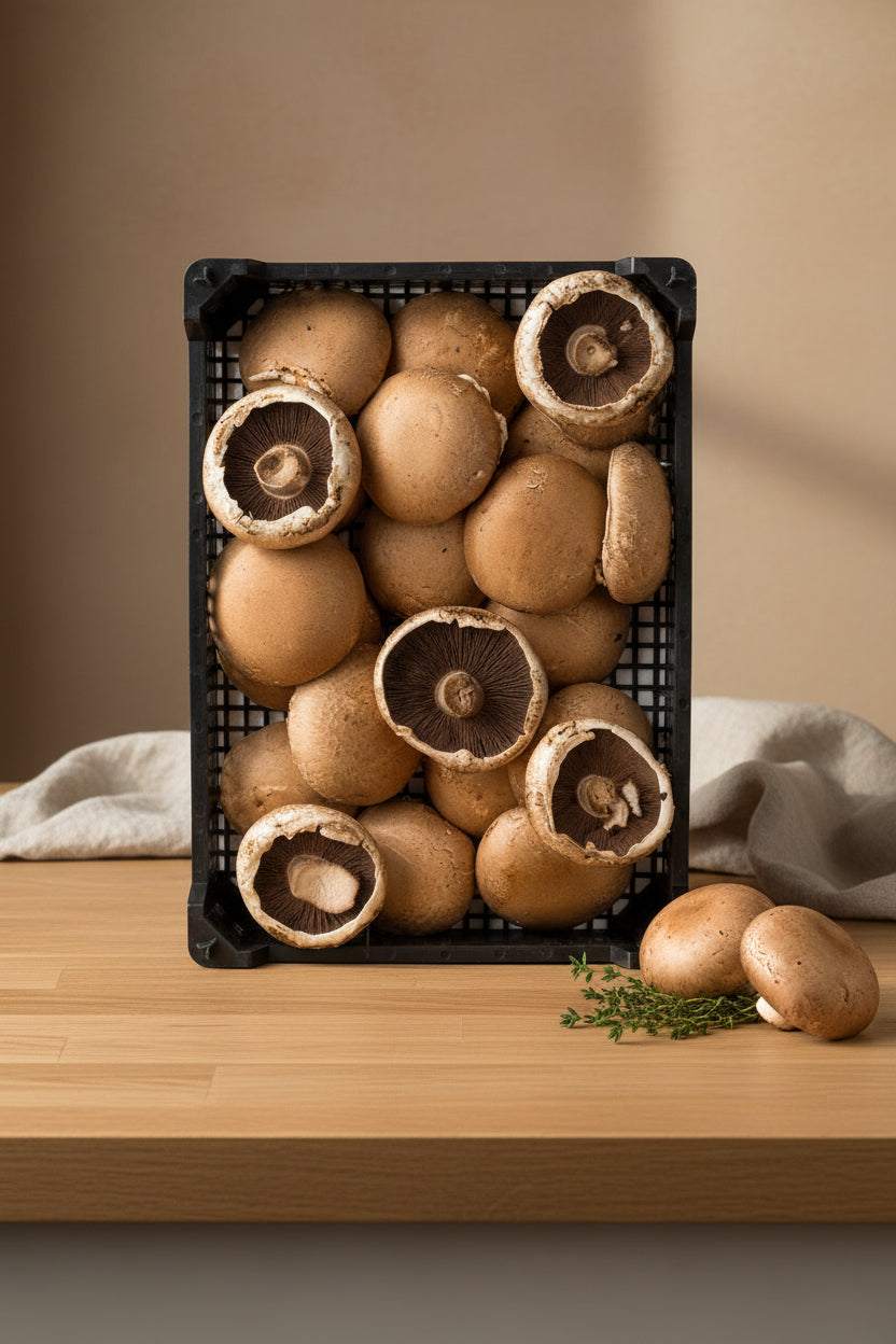 Portobello mushrooms with broad caps ideal for grilling and roasting
