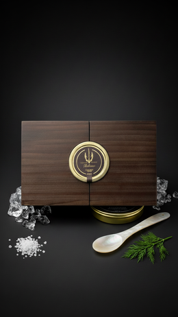 Elegant BELEAEV caviar gift box with mother-of-pearl spoon, caviar key, and cooling element in premium wooden presentation case