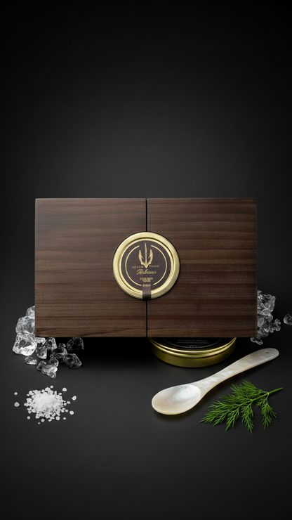 Elegant BELEAEV caviar gift box with mother-of-pearl spoon, caviar key, and cooling element in premium wooden presentation case