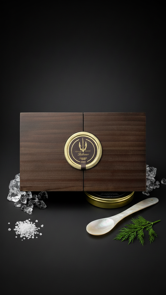 Elegant BELEAEV caviar gift box with mother-of-pearl spoon, caviar key, and cooling element in premium wooden presentation case