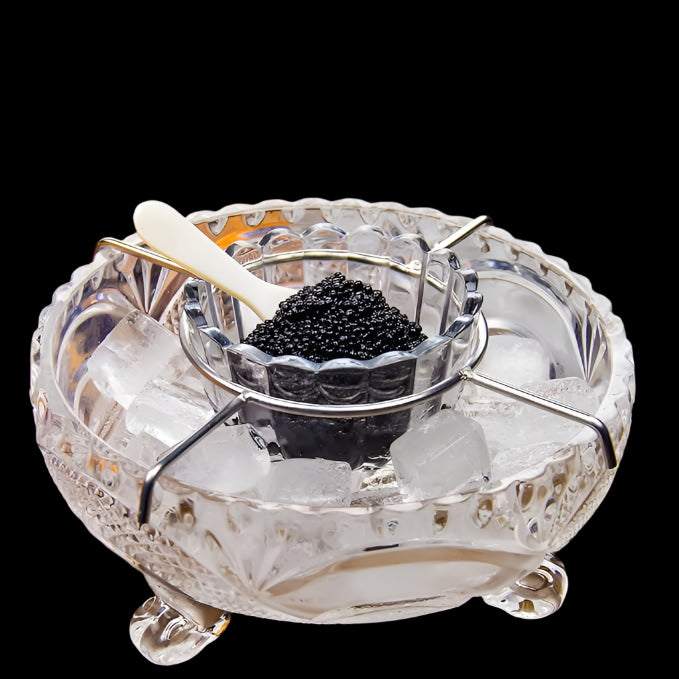Premium caviar serving set with glass chiller bowl and mother of pearl spoons