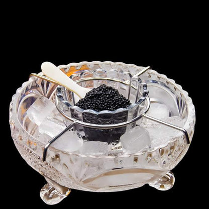Premium caviar serving set with glass chiller bowl and mother of pearl spoons