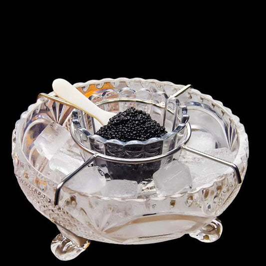 Premium caviar serving set with glass chiller bowl and mother of pearl spoons
