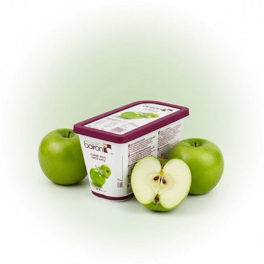 Purée Apple in a white rectangular tub with a burgundy lid, shown with whole green apples and a cut apple